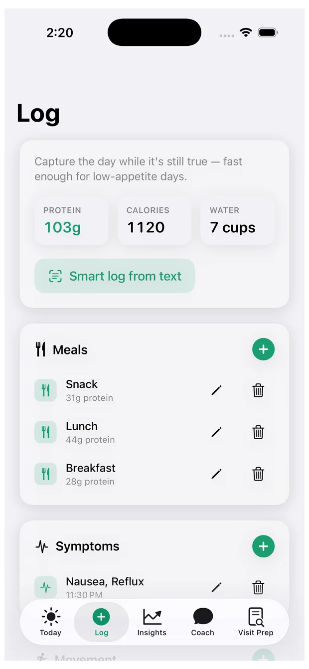 Cadence Log screen